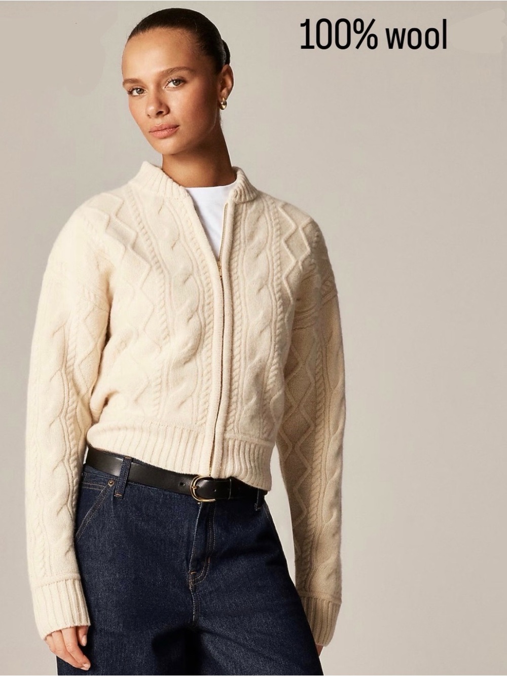 NWT J.Crew Cream Cable Knit Merino Wool Zip Up Cardigan Sweater XS